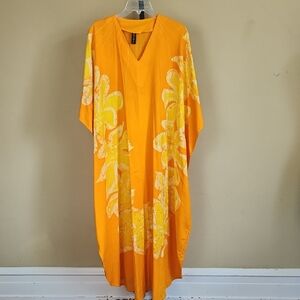Roper Romp! Batik Kaftan,Elegant Orange Floral Robe One Size, Lightweight Cotton